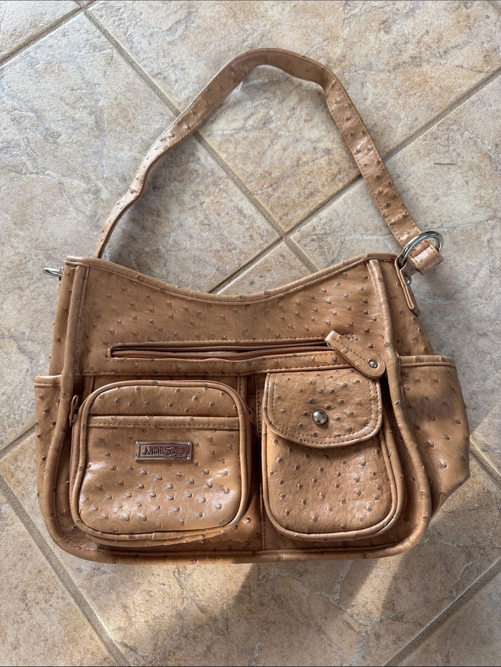 Tan Faux-Ostrich Shoulder Bag with Front Pockets